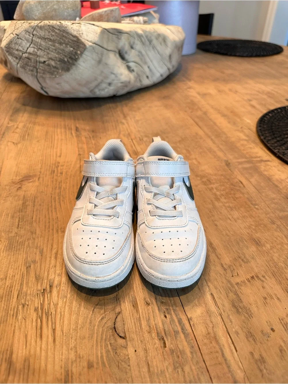 Nike Kids White Sneakers with Dark Green Swoosh